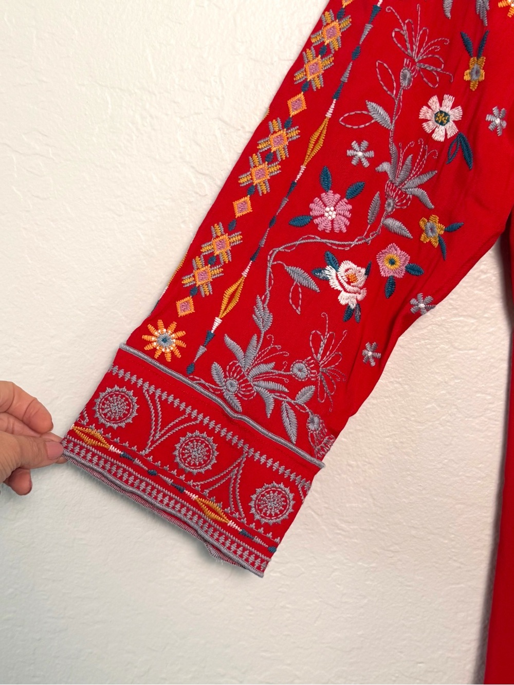John Mark Red Embroidered XL Boho V-Neck Tunic Top Flowy Floral Artisan - Picture 8 of 13